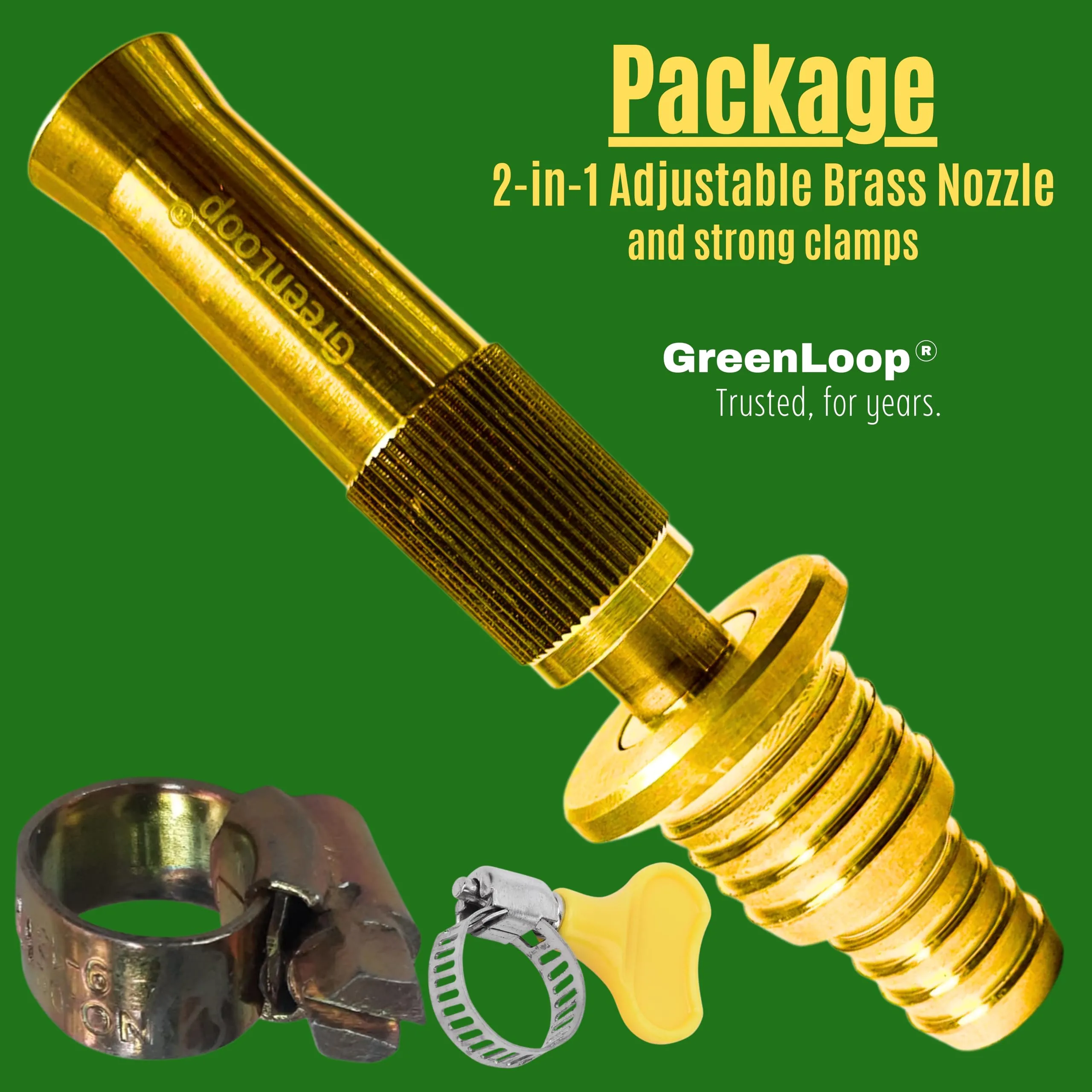 GreenLoop Solid BRASS Water Spray 2-in-1 Nozzle, DUAL PURPOSE, Fits all 3/4" and 1/2" hoses of all thickness, Adjustable Water Jet Spray Gun, High Pressure washing, 2-in-1 Nozzle Clamps