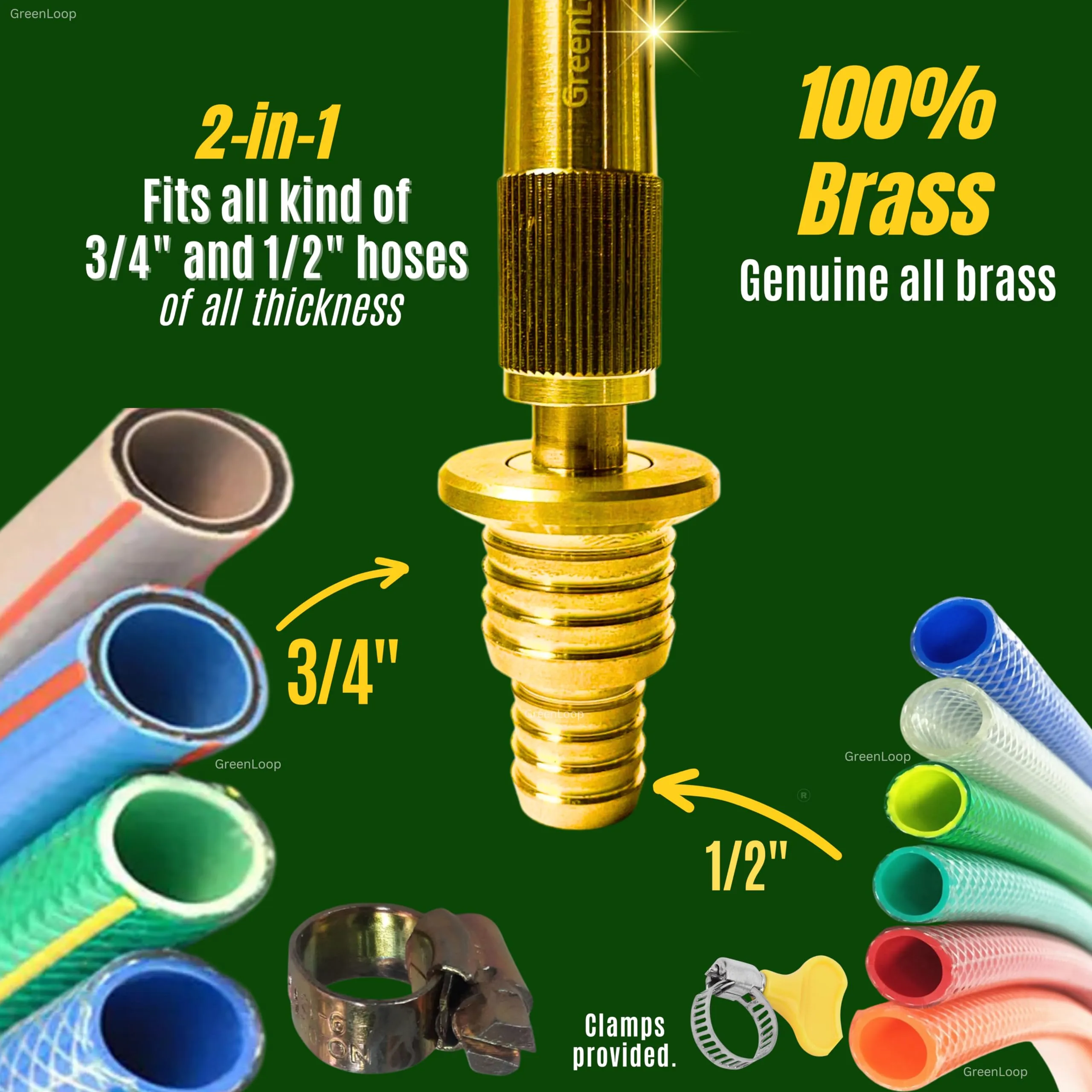 GreenLoop Solid BRASS Water Spray 2-in-1 Nozzle, DUAL PURPOSE, Fits all 3/4" and 1/2" hoses of all thickness, Adjustable Water Jet Spray Gun, High Pressure washing, 2-in-1 Nozzle Clamps