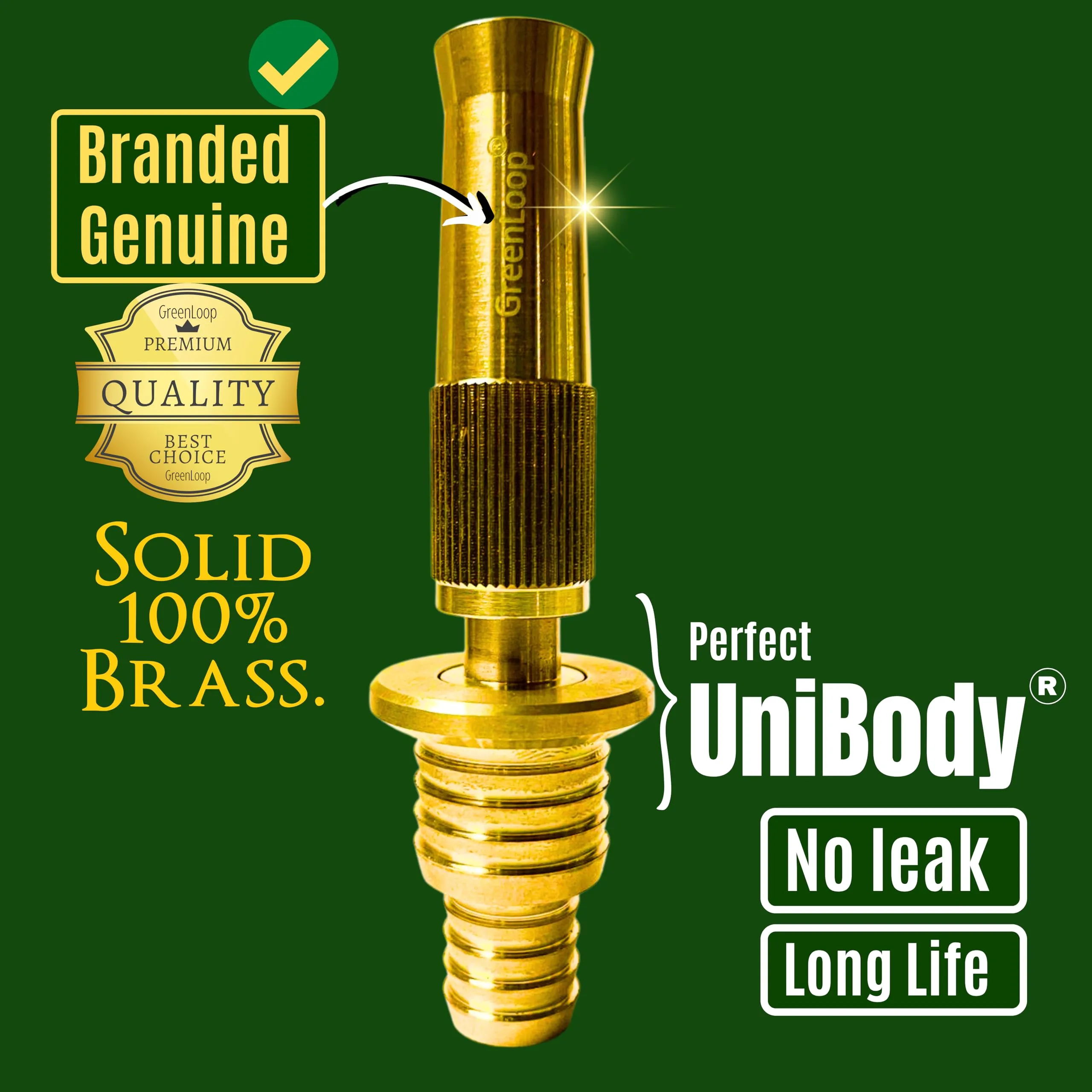 GreenLoop Solid BRASS Water Spray 2-in-1 Nozzle, DUAL PURPOSE, Fits all 3/4" and 1/2" hoses of all thickness, Adjustable Water Jet Spray Gun, High Pressure washing, 2-in-1 Nozzle Clamps