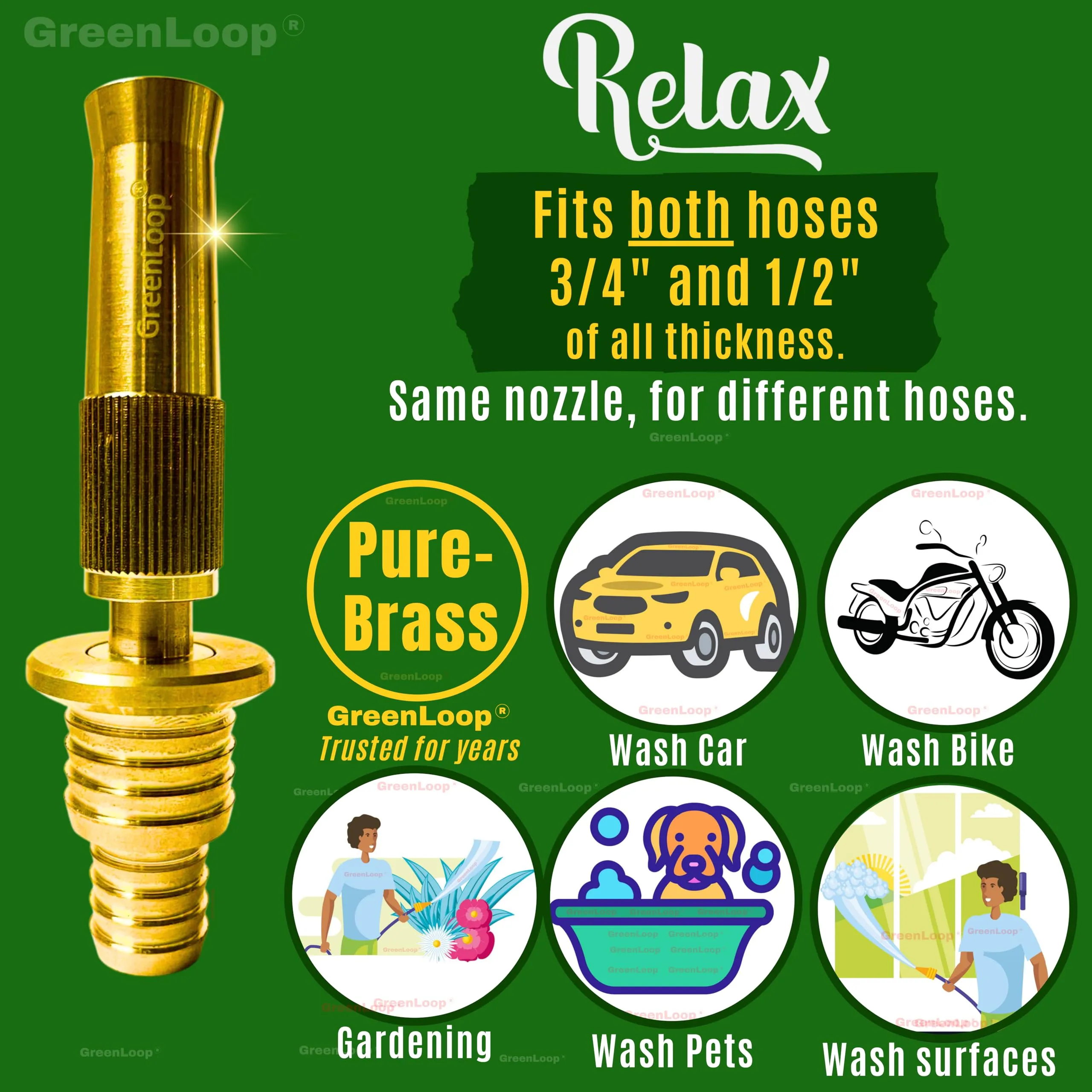 GreenLoop Solid BRASS Water Spray 2-in-1 Nozzle, DUAL PURPOSE, Fits all 3/4" and 1/2" hoses of all thickness, Adjustable Water Jet Spray Gun, High Pressure washing, 2-in-1 Nozzle Clamps