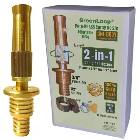 GreenLoop Solid BRASS Water Spray 2-in-1 Nozzle, DUAL PURPOSE, Fits all 3/4" and 1/2" hoses of all thickness, Adjustable Water Jet Spray Gun, High Pressure washing, 2-in-1 Nozzle Clamps