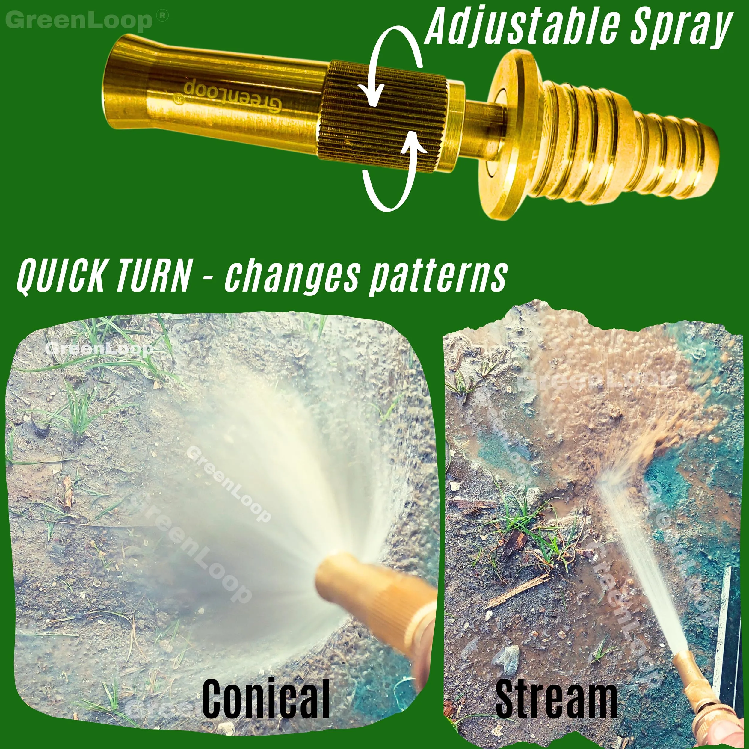 GreenLoop Solid BRASS Water Spray 2-in-1 Nozzle, DUAL PURPOSE, Fits all 3/4" and 1/2" hoses of all thickness, Adjustable Water Jet Spray Gun, High Pressure washing, 2-in-1 Nozzle Clamps