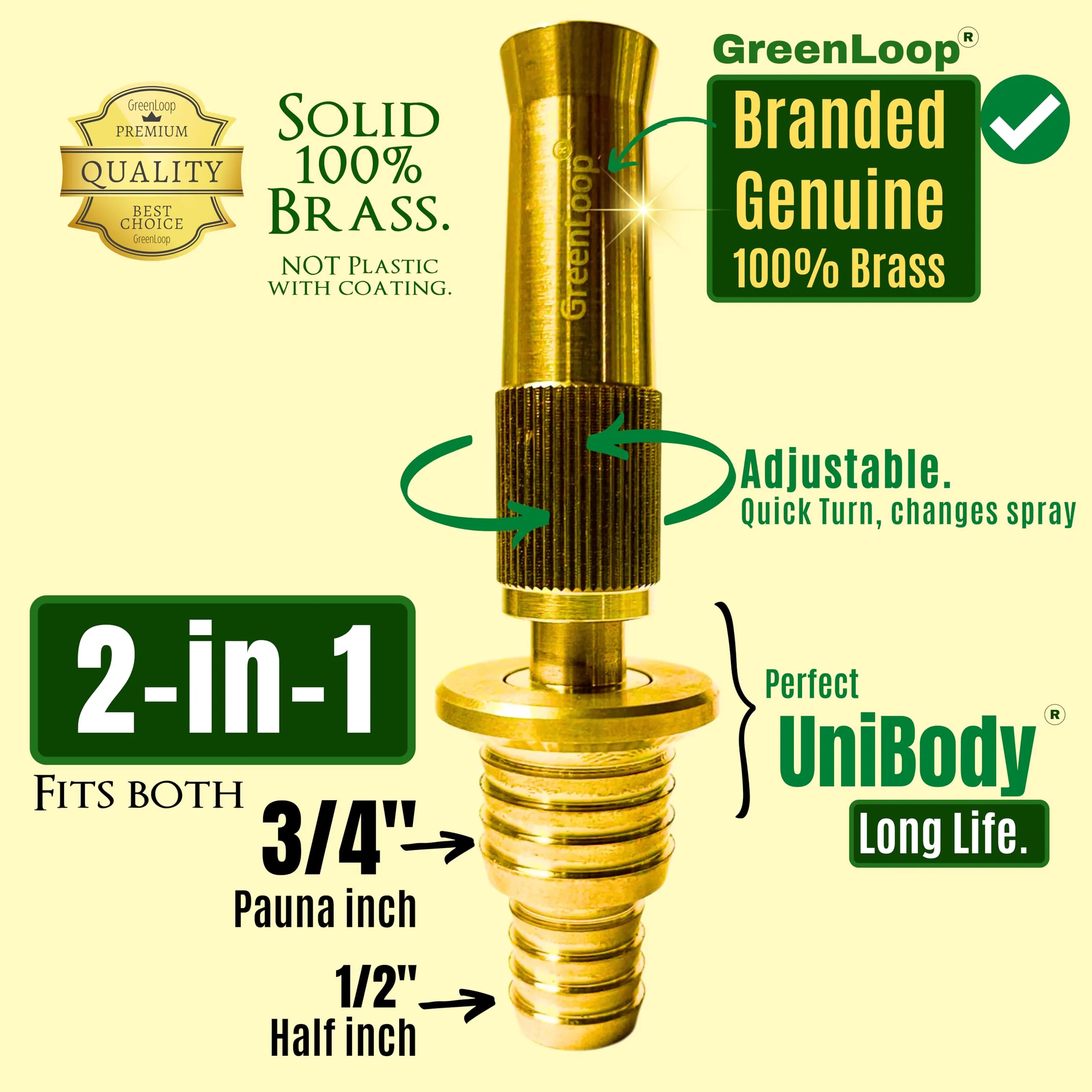 GreenLoop Solid BRASS Water Spray 2-in-1 Nozzle, DUAL PURPOSE, Fits all 3/4" and 1/2" hoses of all thickness, Adjustable Water Jet Spray Gun, High Pressure washing, 2-in-1 Nozzle Clamps