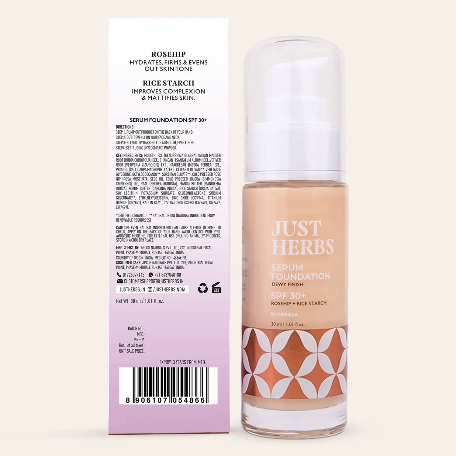 Serum Foundation Dewy Finish SPF 30  with Rosehip and Rice Starch - Beige